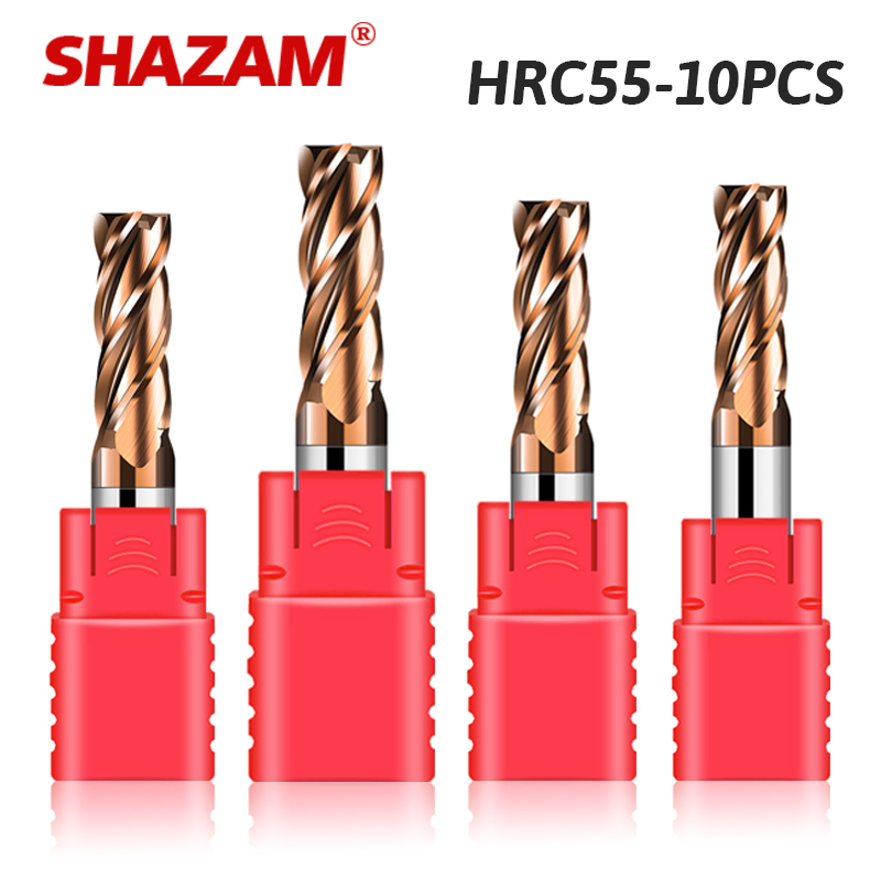 End Mill Set - Shazam-フラットエンドフライスカッター、タングステン鋼、超硬合金コーティング、4シャンク、hrc55、4フルート、10個、CNC加工機